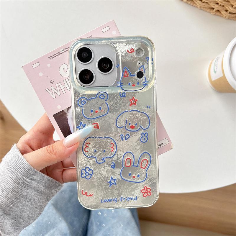 

Cute Line Animals Tin Foil Texture Phone Case for iPhone 17 Pro Max 14/15/16 Cartoon Design iPhone 17 Pro Max