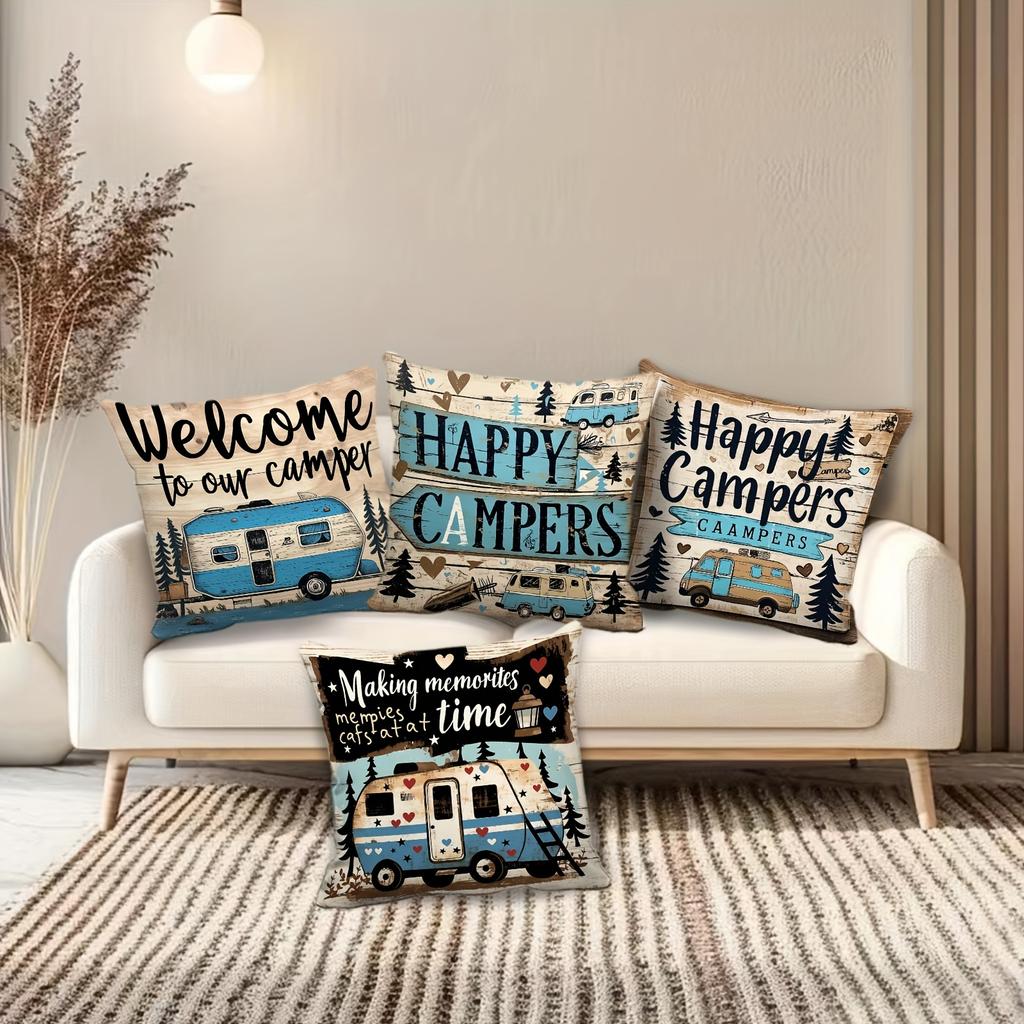 Vintage Country Camping Pillow Covers Square Cushion Covers Camper Vans Pine Trees Adventure Outdoor Nature Home Decor Sofa Room