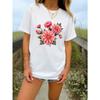 Women's White T-Shirt with Dahlia Flower Print Short Sleeve Round Neck Loose Fit Casual Summer Muscle Fit H-Line Shirt for Daily Comfort Wear & Style