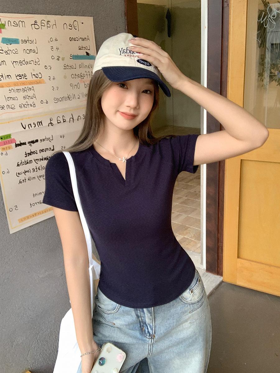 

American Spice Girls Pinch Waist Skinny Solid Color Short Sleeve Women s Summer Unique Beautiful Bamboo Texture Slim Top Wear S