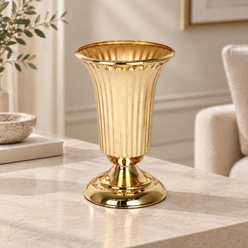 Vases trompettes Support à fleurs Centres de table, Vases urnes avec finition dorée, Corps cannelé et base large pour présentoirs décoratifs d'intérieur