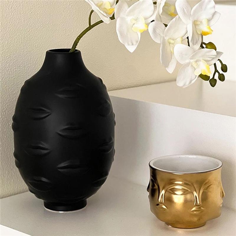 AS60-Artistic Face Lip Potted Plants White Pottery Vase Dry Flower Insert Artist Residence Decorative Ornaments