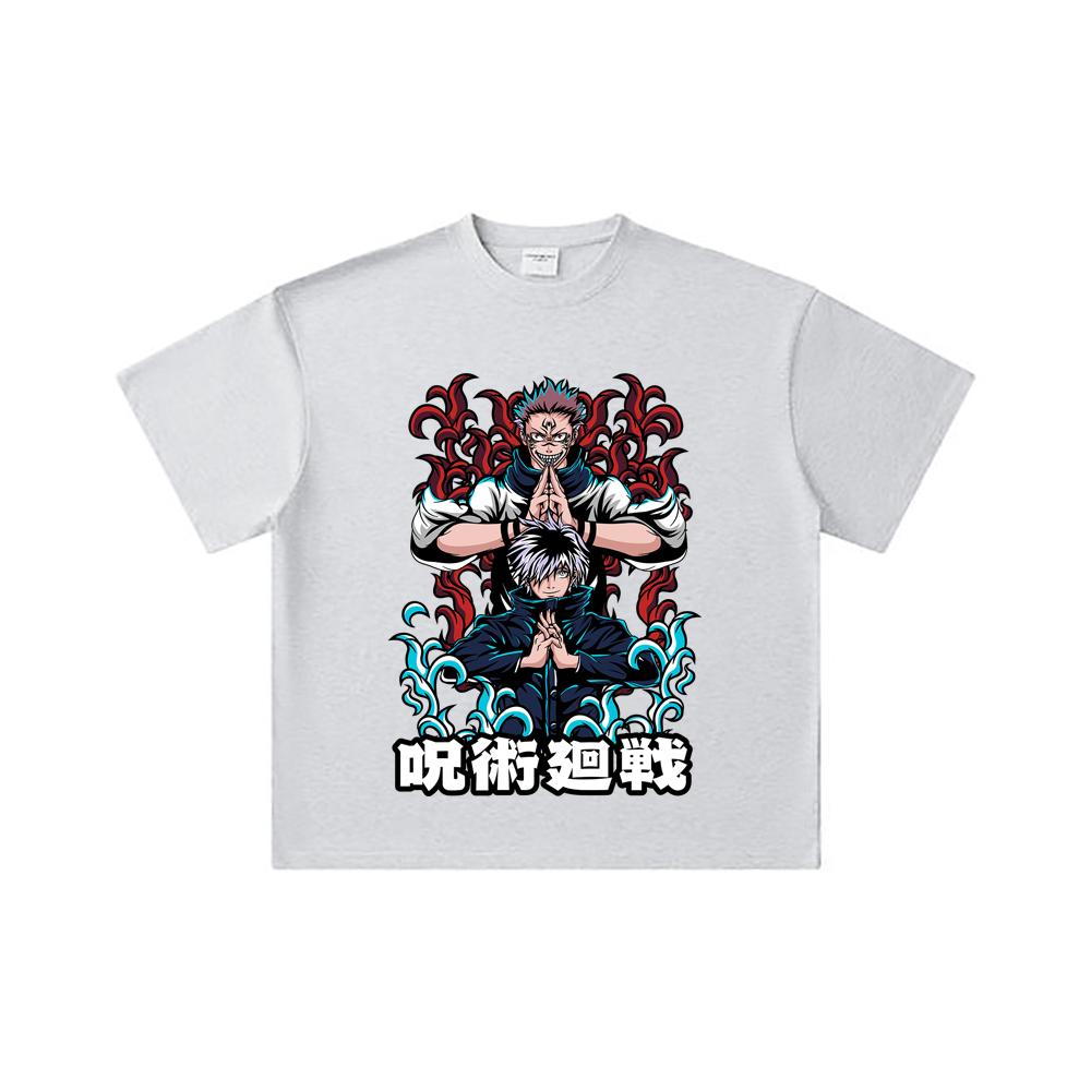 260 GSM Double Yarn 32 Count 100% Cotton Jujutsu Kaisen V49 Gojo Sukuna Print Unisex Heavy Cotton T Shirt