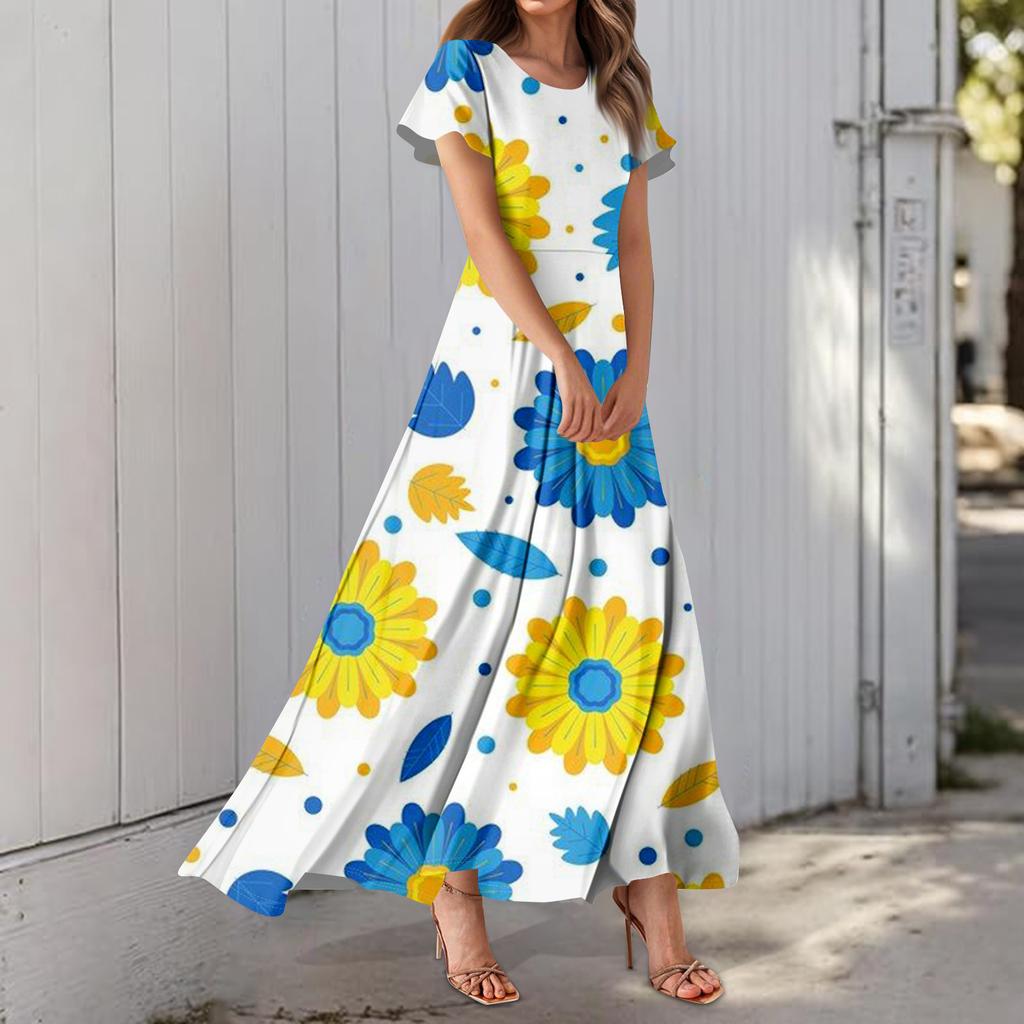 Dámské ležérní šaty s havajským potiskem, kulatým výstřihem a krátkým rukávem, s vysokým pasem