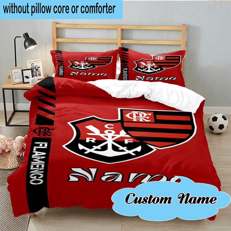 3PCS Custom Name Black Crest Flamengo Bedding Set, Including 1pc Duvet Cover And 2pcs Pillowcases, Suitable for Dorms and Bedrooms Gift