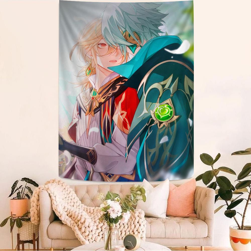 Genshin Impact Kaveh Alhaitham Anime Tapestry Hippie Flower Wall Carpets Dorm Decor Cheap Hippie Wall Hanging