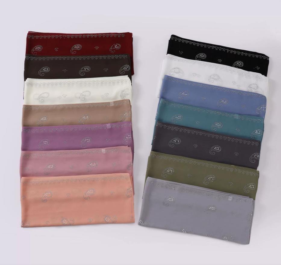 Fashion Muslim Chiffon Hijab With Rhinestones Diamonds Solid Headscarf Wraps Ramadan Islam Scarf For Women Turban Headband