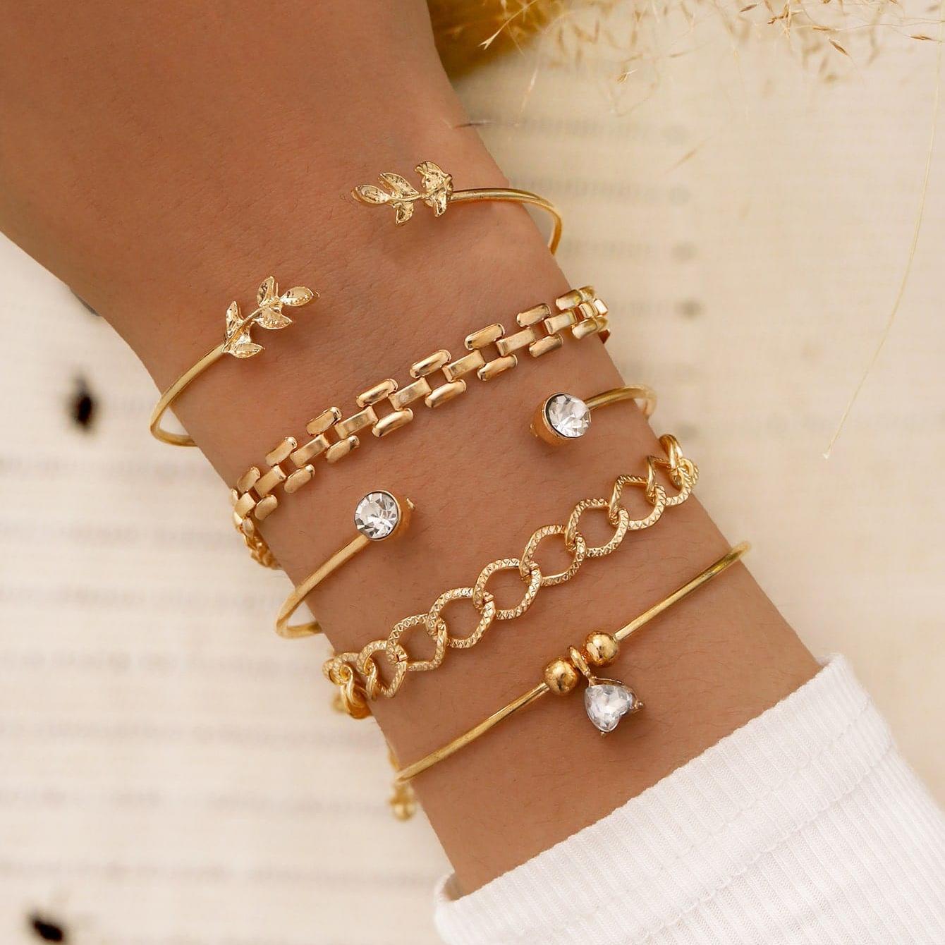 

5PCS Geometric Link Chain Bracelet Set For Women Crystal Leaf Open Cuff Bangle Female Boho Jewelry Accessory золотистый