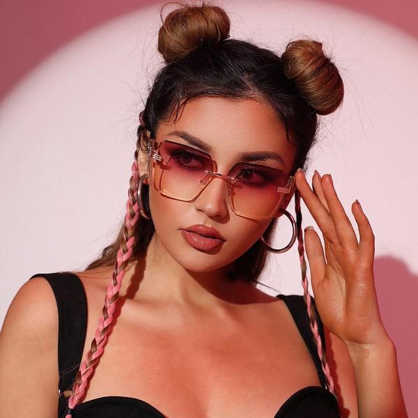 Oversized Rimless Sunglasses for Women Geometric Diamond Cutting Gradient Lens UV Protection Fashion Shades Trendy