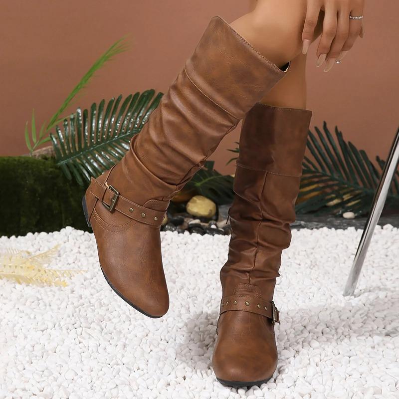 Leather Boots Women Western Mid Calf Retro Knee High Long Elegant Boots Thigh Booties Winter Heeled Knee Party Shoes