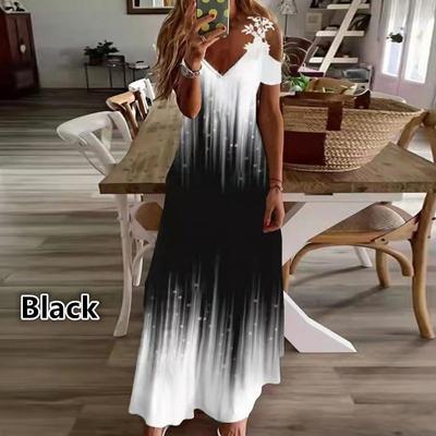 Women's Fashion Summer Print V-Neck Off Shoulder Short Sleeve Splicing Lace Dress