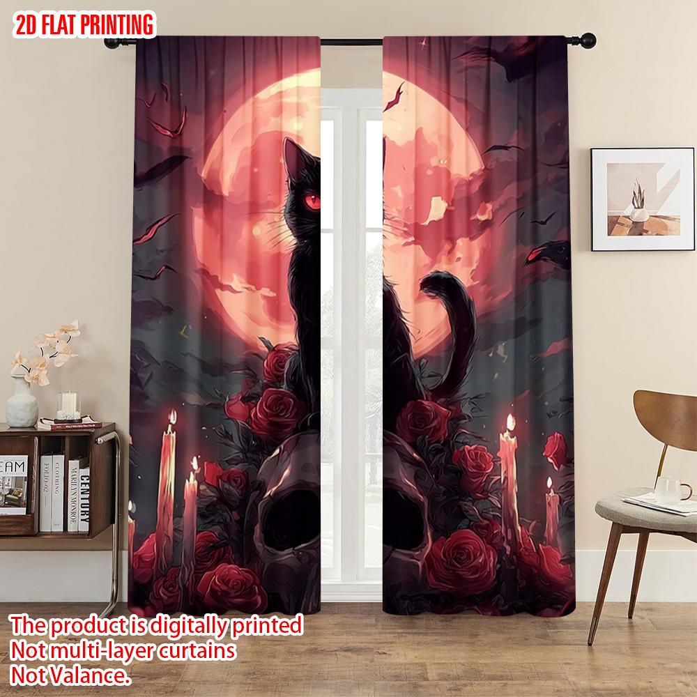 2pcs   plane printing Curtain Fabric Halloween Skeleton and Black Cat Versatile Polyester Fabric (without rod) Room Decor Ldeal