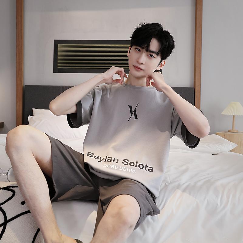 Men's Pajamas Set Letter Print Short-Sleeve Tops and Shorts Sleepwear Loungewear Students Two-Piece Youth Boy Nightwear Y2k Homewear Male