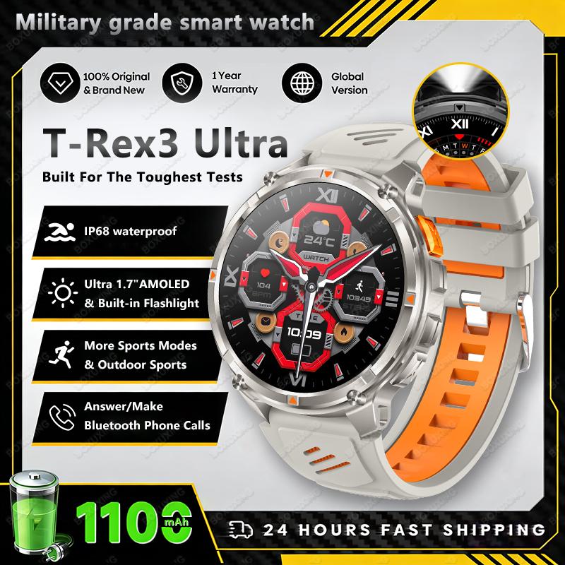 New T-Rex3 Ultra Men SmartWatch 1100mAh Battery Compass LED Flashlight Heart Rate Sports Track IP68 Waterproof Smartwatches