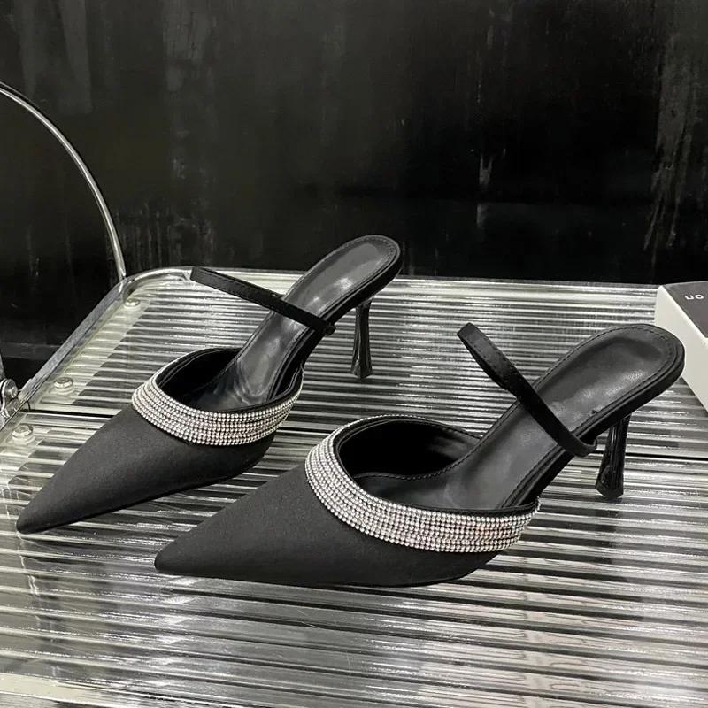 

Роскошные женские шлепанцы с острым носком, из шелка, на толстой подошве и высоком каблуке, с завязками, стразами и ремешком сзади, сексуальные, для платья, женские туфли-лодочки 35 чёрный