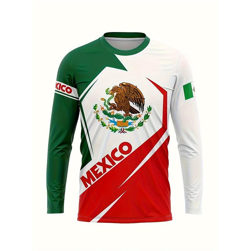 Spring and Autumn Round Neck Mexican Flag Emblem Pattern 3D Printed Top Fashionable Casual Long Sleeved Men's T-shirts
