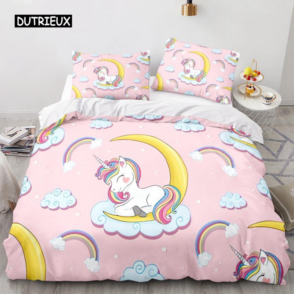 Çizgi Film Tek Boynuzlu At Nevresim Gökkuşağı Yatak Takımı At Mikrofiber Yorgan Kılıfı Çocuklar Kızlar Doğum Günü Hediyeleri Oda Dekoru