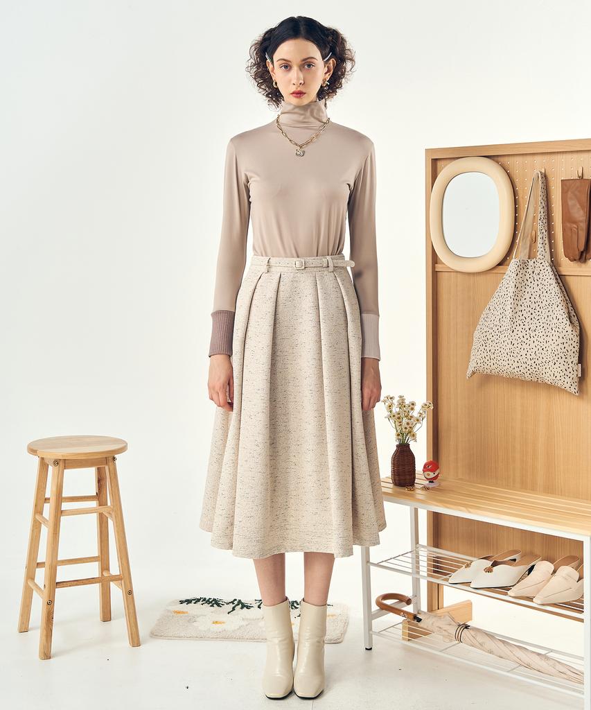 Pelimela Twill A-Line Belted Skirt Set (Beige)