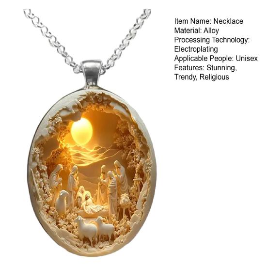 Naszyjnik z kameą Jezusa, rzeźbiony wzór, vintage, naszyjnik ze sceną narodzenia, religijna biżuteria wiary dla kobiet i mężczyzn