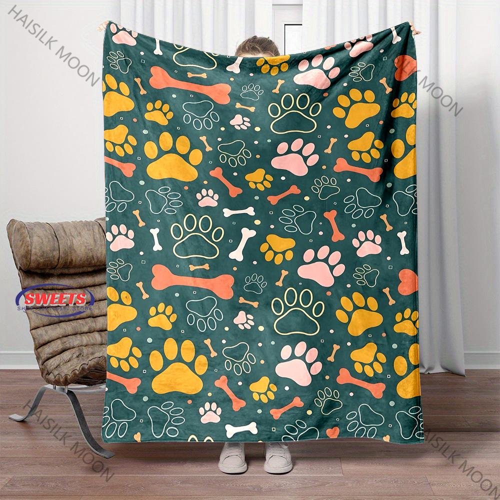 Multi-Size Cute Dog Bone and Paw Printed Throw Blanket, Bedding, Throw Blanket for Couch & Bed Great Gifts for Boys and Girls