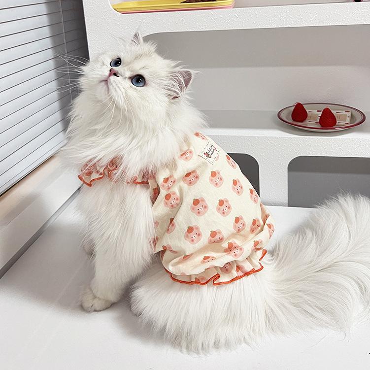 

Breathable Cotton Cat Dress Cute Bear Print Anti-Shedding Thin Summer Pet Clothes 2 Styles XS-2XL For Indoor Outdoor Daily Wear Size: XS