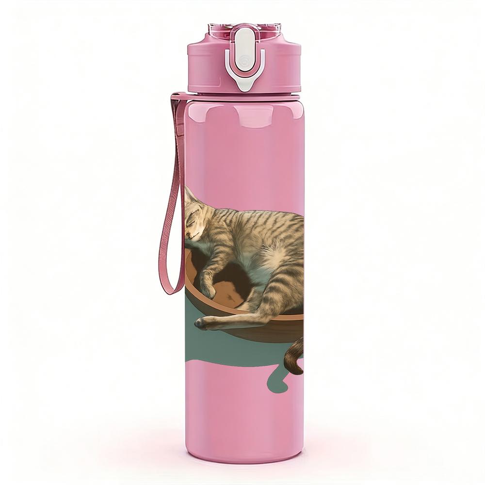1PC Cat Curled In Wicker Basket 750ml Color Plastic Sports Water Bottle Leakproof Flip Straw Lid Suitable for Sports Office Home Use