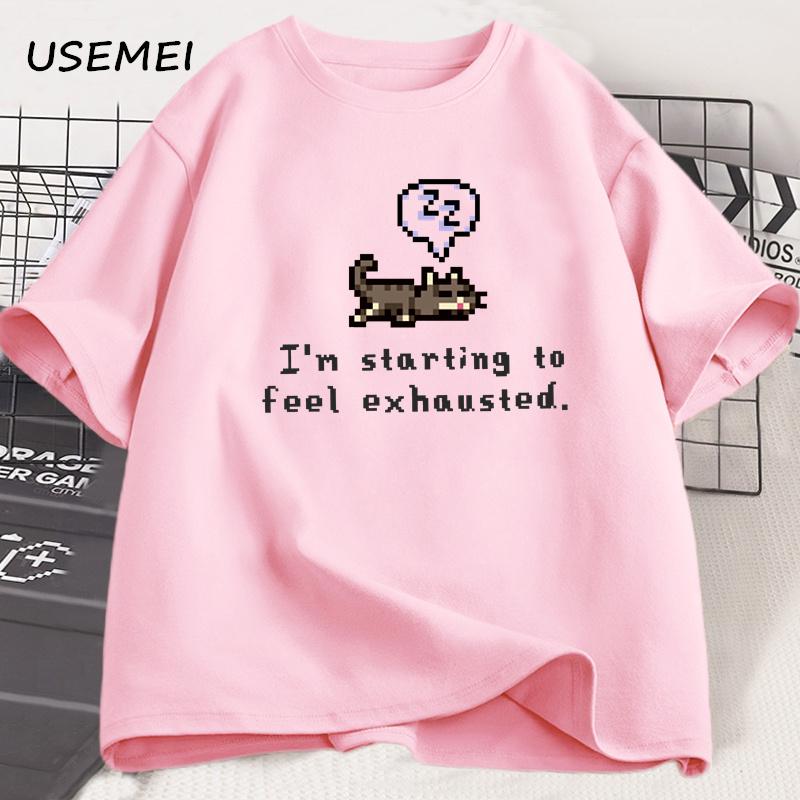 Ich fange an, mich erschöpft zu fühlengraphische T-Shirts Stardew Valley Schläfliche Katze Druck T-Shirt Gamer Liebhaber Baumwolle Kurzarm T-Shirt