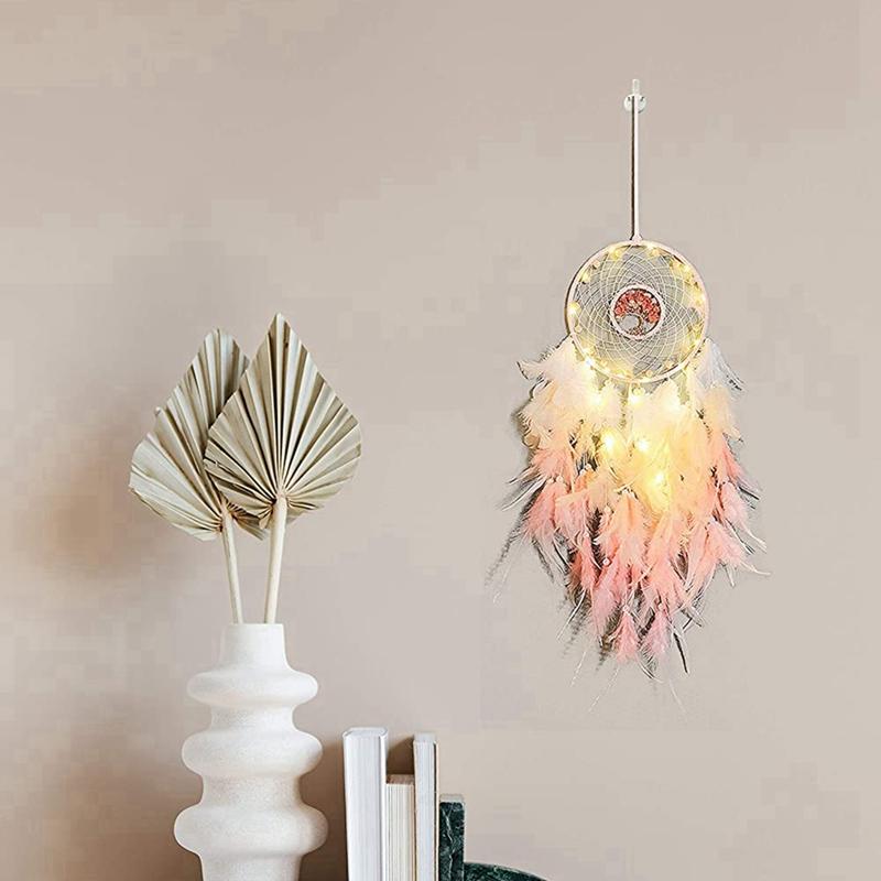 Dream Catcher Hanging Ornament Decor Handmade LED Lights Pink Feather Healing Crystals Dreamcatchers