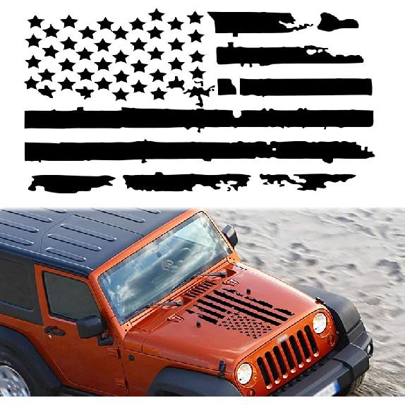 TOMALL 35 X19 INCH American Flag Distressed Decal For Auto Hood USA Flag Stripe Graphic Vinyl Waterproof Universal For All Car SUV Truck Hood Door