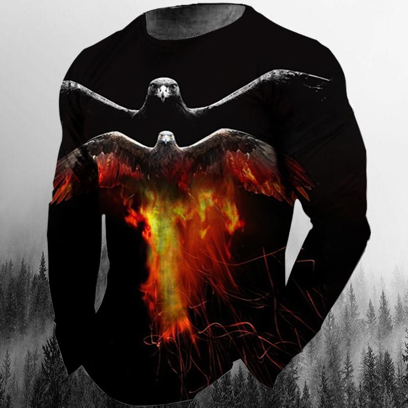 Spring and Autumn Round Neck 3D Animal Eagle Graphic Printed Top Fashionable Casual Hip Hop Long Sleeved Men's T-shirts