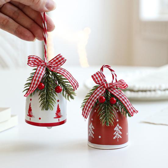 Rustic Christmas Bell Ornaments with Artificial Pine And Red Berries Vintage Metal Jingle Bells Hanging Decoration for Tree Door Wall Home Decor