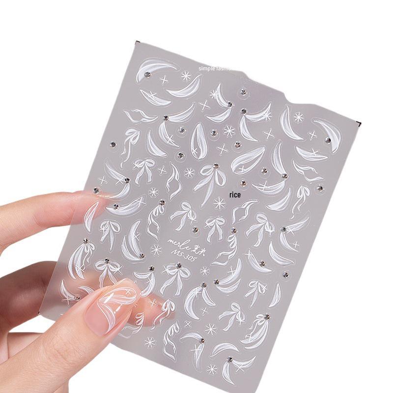 Elegant Ballet Silk Ribbon Nail Stickers with Pearls & Rhinestones - 2025 New Style