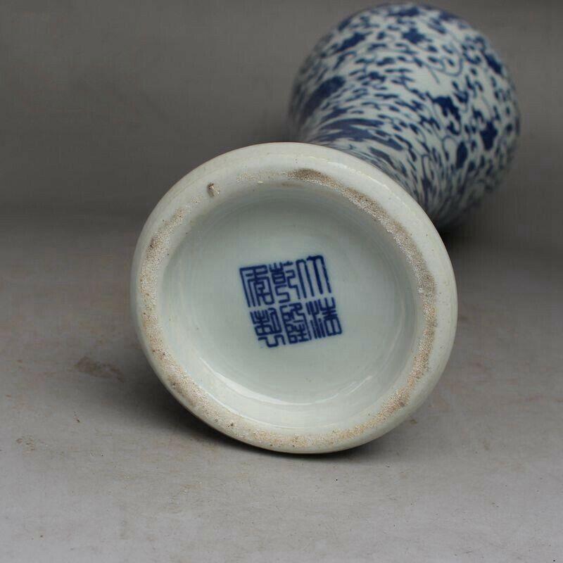 Old Chinese Blue and White Porcelain Hand Painted Dragon Flowers Vase