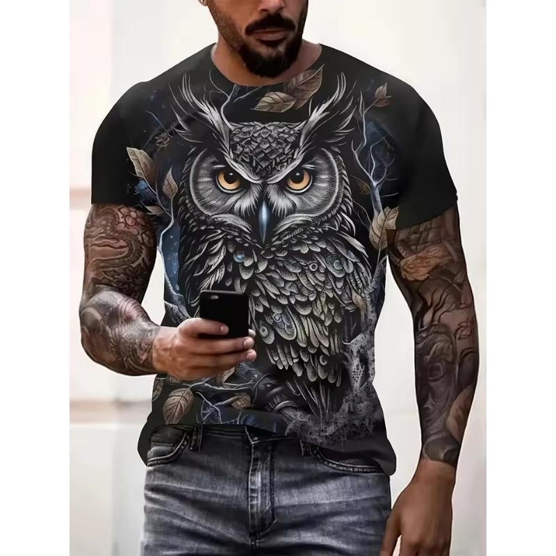 Men's Owl Graphic Print T Shirt Fashion Short Sleeve Crew Neck 3D Digital Printed T-Shirt Novelty Oversized T Shirts Men Tops
