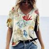 Sommer V-Ausschnitt 3D Ozean bedrucktes Top Modische lässige kurzärmelige Damen T-Shirts
