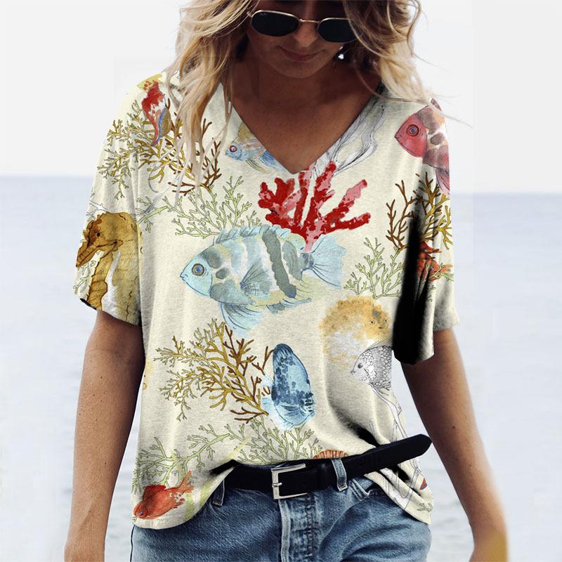Summer V-neck 3D Ocean Printed Top Fashionable Casual Short Sleeved Women's T-shirts