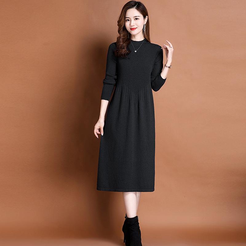 Solid-color Sweater Dress for Women's Autumn and Winter Casual Half Turtleneck Sweater A-line Dress