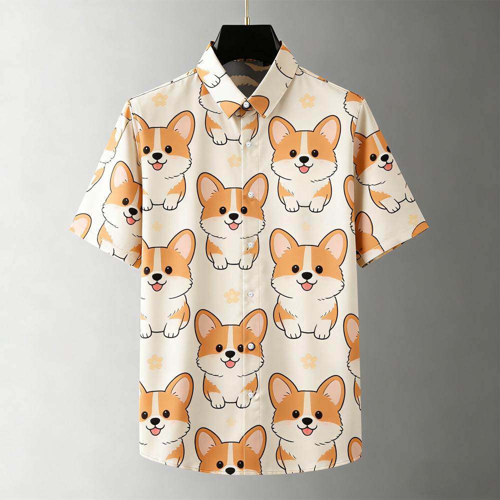 Men's Summer Cool Short-sleeved Shirt Cute Puppy Animal High-definition Printed Shirt Men's Hawaiian Vacation Outdoor Top Men