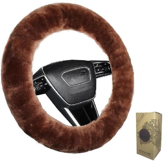 Fluffy Wool Sheepskin Fuzzy Black Car Steering Wheel Cover For Universal Auto Steering Wheel 14 1/2-15 1/2Inch, Anti-Slip, Soft Plush, Comforting And