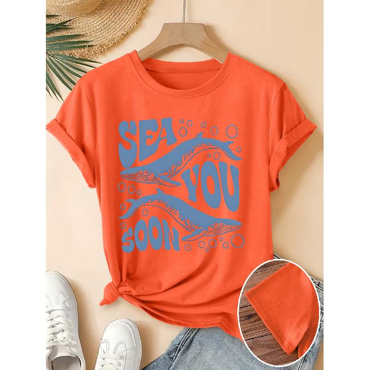 Women's Elegant Short-Sleeve Gift with Bubble Blue Whale Fun English Print Pattern and Vintage Round Neck T Fresh and Natural Style Loose-fitting