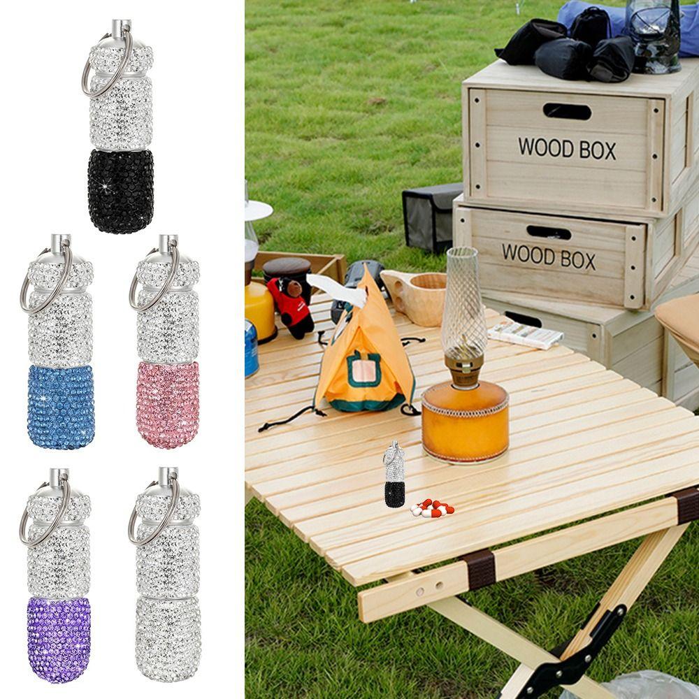 Luxury Rhinestone Bling Pill Case Waterproof with Keychain Cute Storage Box Mini Rhineston Pill Container Outdoor