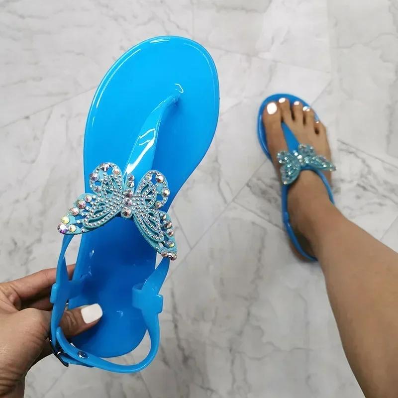Mode 2025 NEU Sommer Damen Flache Strand Glitzernde Strasssteine Schmetterling Sandalen Zehensteg Flip Flops Hausschuhe Damenschuhe