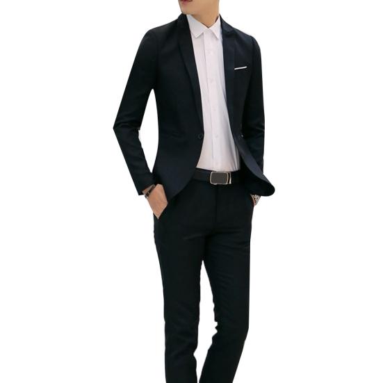 2Pcs Office Business Men Solid Color Lapel Long Sleeve Slim Blazer Pants