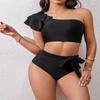 New Bikini Split Sexy Fashion One Shoulder Split Swimsuit Solid Color High Waist Swimsuit for Women