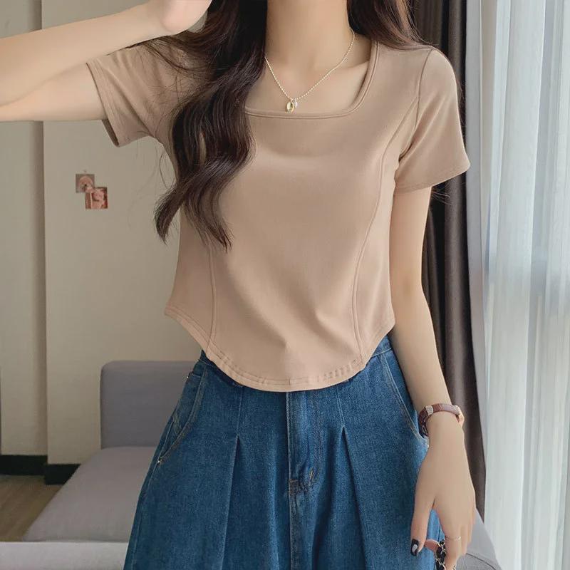 Dámské letní 2025 zeštíhlující tričko s čtvercovým výstřihem - Asymetrický design v jednobarevném provedení