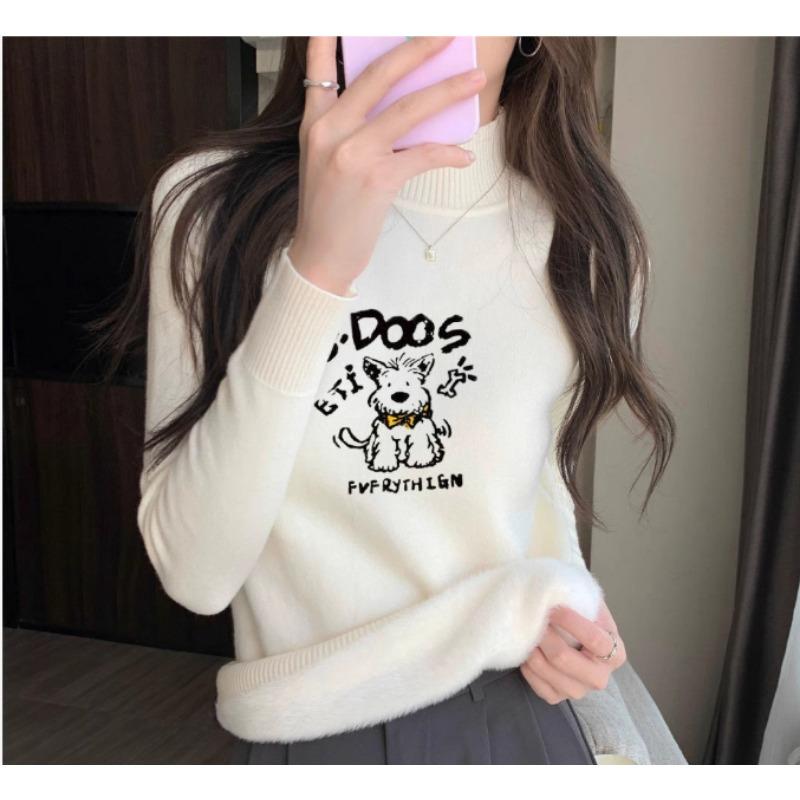 Women s Beige Turtleneck Knit Sweater Dog Print Long Sleeve Casual Top S
