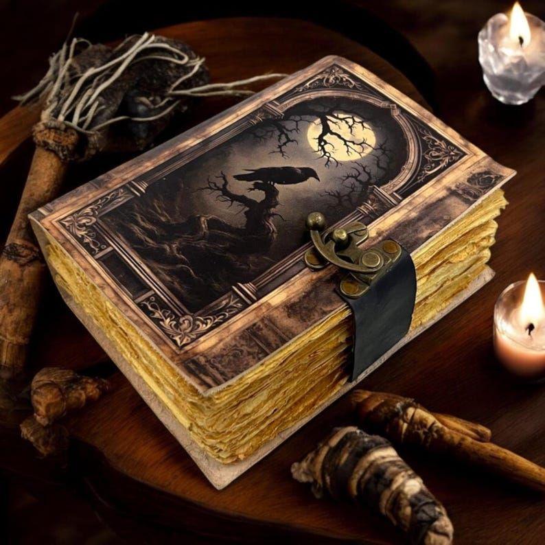 Leather Journal Gothic Notebook The Raven Grimoire Print - Vintage Handamde Journal Book of Shadows Witchcrafts Journal Gifts for Men
