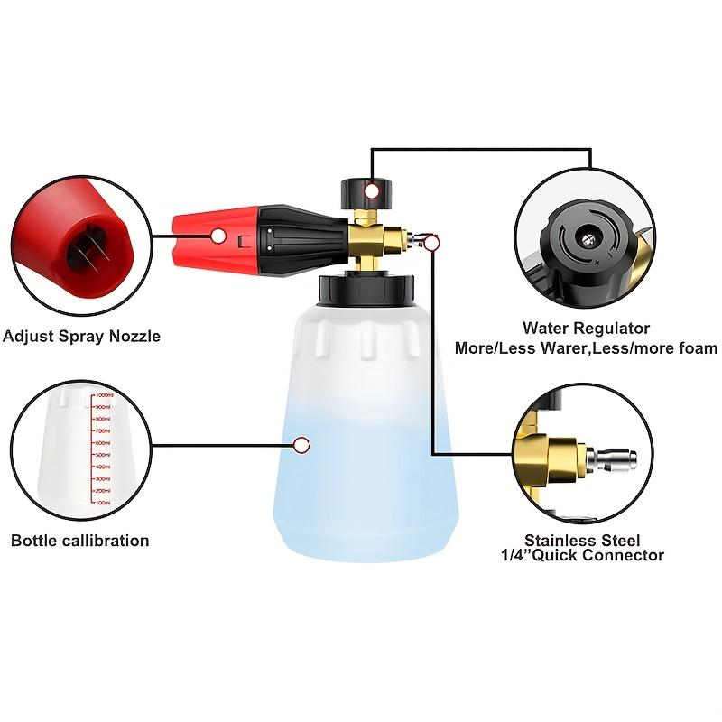Adjustable Nozzle Foam Cannon, 1L Thick Bottle, 1/4" Quick Connect, 5 Nozzles with Base, for Pressure Washers, Battery-Free