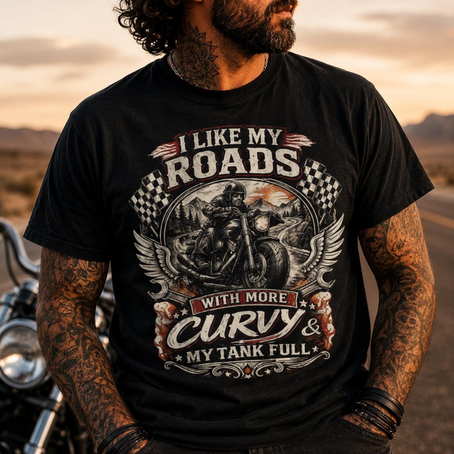Funny Motorcycle Curvy Roads Shirt, I Like My Roads Curvy Biker Tee, Vintage Rider Gift for Motorcycle Lovers 3XL