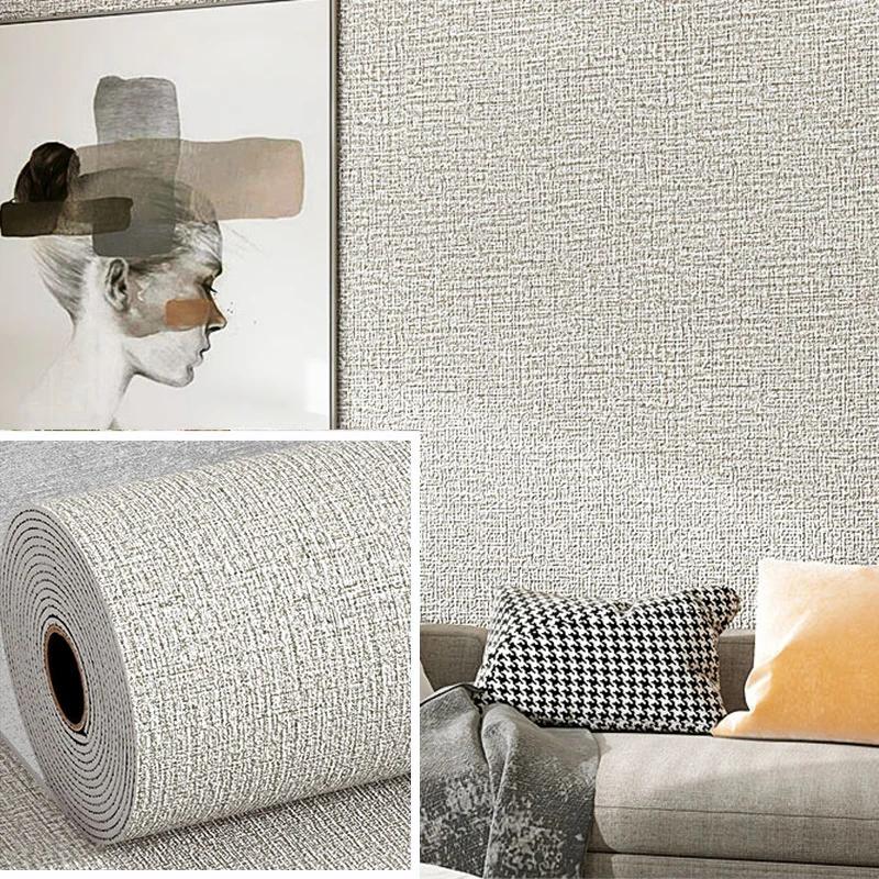 50cmX2.8/10m Linen 3D Foam Wallpaper Self-adhesive PVC Solid Color Thickened Waterproof Background Wall Renovation Wall Stickers